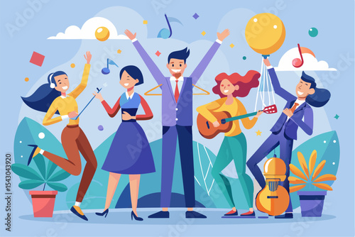 A flat vector illustration of five business people holding large golden stars, symbolizing teamwork, customer satisfaction, five-star ratings, and positive reviews.
