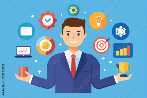 A flat vector illustration of five business people holding large golden stars, symbolizing teamwork, customer satisfaction, five-star ratings, and positive reviews.