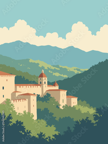 Colombia - Cartagena Walls, Coffee Plantations, Cocora Valley in wall beige, coffee brown, valley green, and sky blue