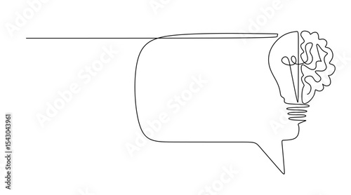 Quick tips.Continuous one line drawing of light bulb with brain and speech bubble. Trendy line art vector on a white background. Vector illustration.
