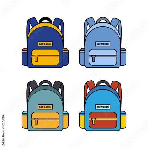 A set of four colorful school backpacks, each with a "BACK TO SCHOOL" label. Ideal for educational materials, student life, and school-related designs.