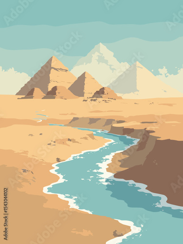 Sudan - Meroe Pyramids, Nile Cataracts, Khartoum confluence in desert ochre, river blue, cataract white, and sand