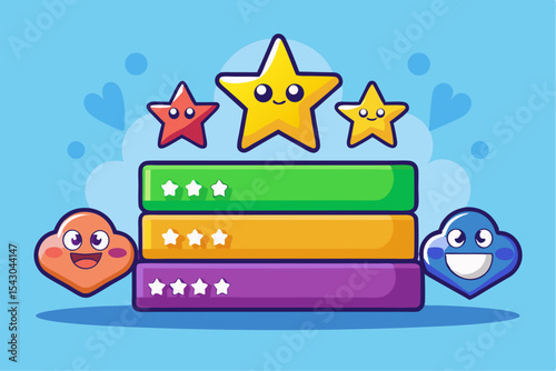 A flat vector illustration of five business people holding large golden stars, symbolizing teamwork, customer satisfaction, five-star ratings, and positive reviews.