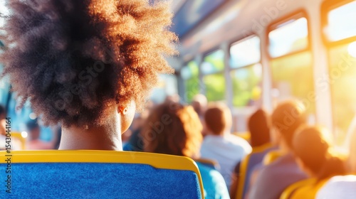 Urban Transit: Capturing the everyday commute on a bustling public transit bus, with a focus on the diverse passengers, movement, and natural light pouring in.