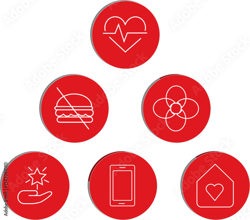 "Minimal wellness icon set including care, mindfulness, no junk food, self-love, and digital balance concepts in light/dark themes, transparent background."