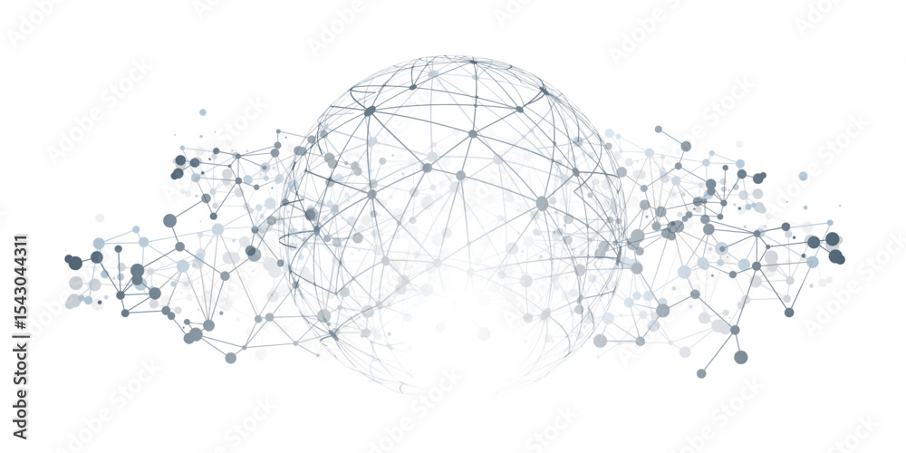 A stylized vector globe with interconnected nodes and lines symbolizing global digital connections, data networks, or communication technology. Abstract and futuristic vector design isolated on white.