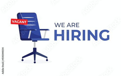 A blue chair with a vacant tag and the we are hiring text on the side. Banner for business, marketing, and advertising. Vector illustration