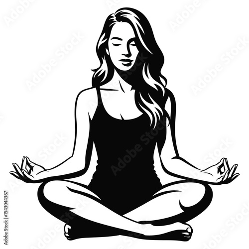 Black Silhouette Woman Meditating Yoga Pose Long Hair female white