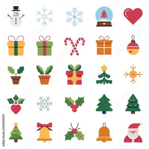 Twenty Four Flat Christmas Icons Snowman Trees Gifts Snowflakes Candy Canes Holly vector