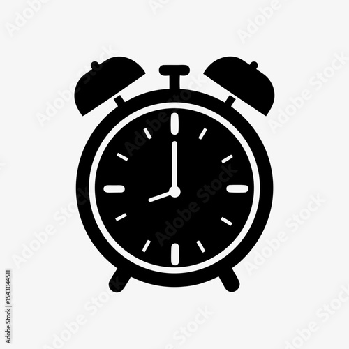 Black Vintage Alarm Clock Icon Isolated on White Background – Retro Wake-Up Clock Illustration
