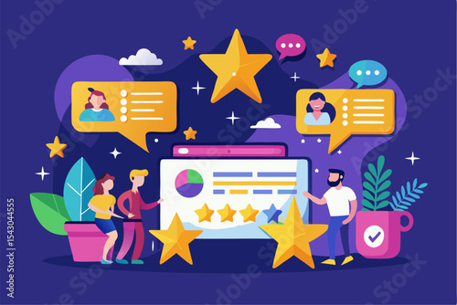 A flat vector illustration of five business people holding large golden stars, symbolizing teamwork, customer satisfaction, five-star ratings, and positive reviews.