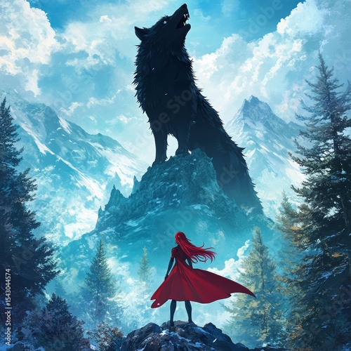 A lone figure in a red cloak stands on a rock, gazing at a giant wolf perched atop a snowy mountain peak.