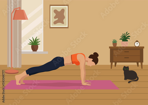 Woman doing plank pose on yoga mat at home with her cat. Sport and fitness for healthy lifestyle and body strength.