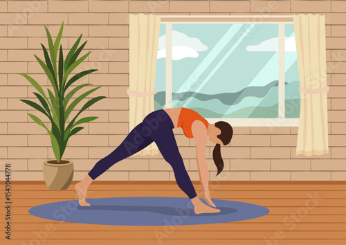 Woman practicing yoga at home, doing a forward fold pose on a mat. Daily stretching morning routine. Physical activity relaxation concept.