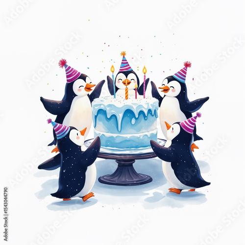 Birthday party with cute penguins and cake, festive cartoon illustration
