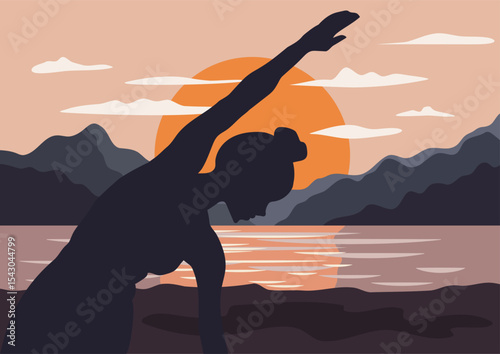 Athletic woman doing doing side bends early outdoors by lake with mountains and sunset. Sport active lifestyle for health.