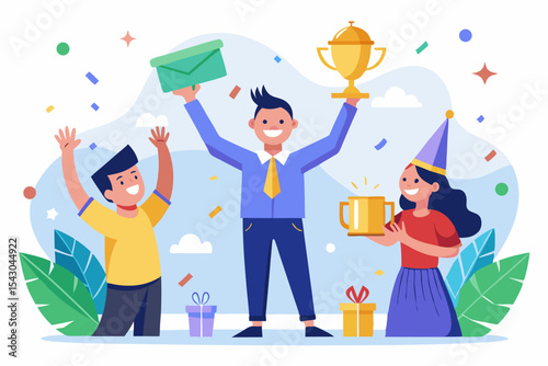 A flat vector illustration of five business people holding large golden stars, symbolizing teamwork, customer satisfaction, five-star ratings, and positive reviews.