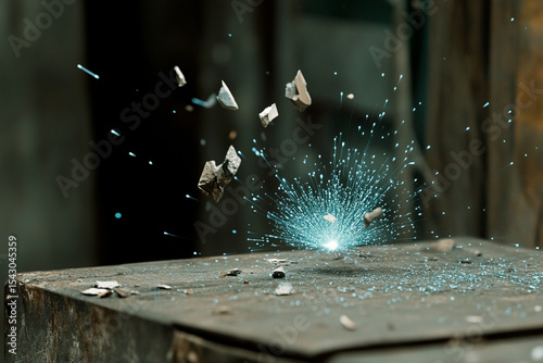 Digital particle effect showcasing blue sparks radiating from debris in a workshop environment at dusk
