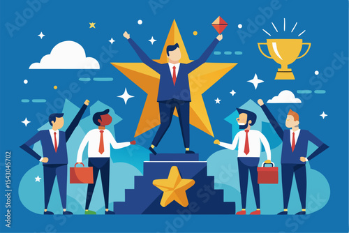 A flat vector illustration of five business people holding large golden stars, symbolizing teamwork, customer satisfaction, five-star ratings, and positive reviews.