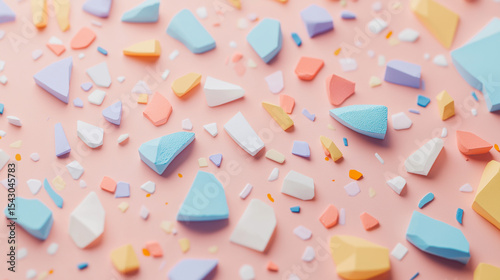 A richly detailed view of colorful candy arrangement: an irresistible mix of blues, pinks, and sprinkled triangles perfectly placed on a candy shelf.