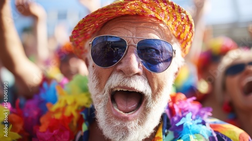 An exuberant elderly man with a vibrant hat and sunglasses shouts joyfully amidst a crowd, embodying the spirit of celebration and communal joy at a lively event.