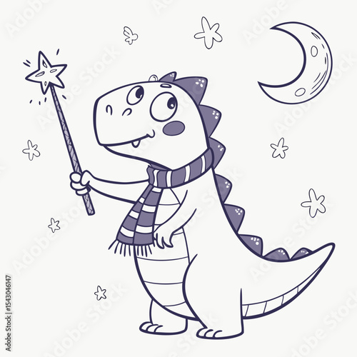 A Excited Dinasour with with a scarf in a Starry night theme – Magical Night palette SVG illustration