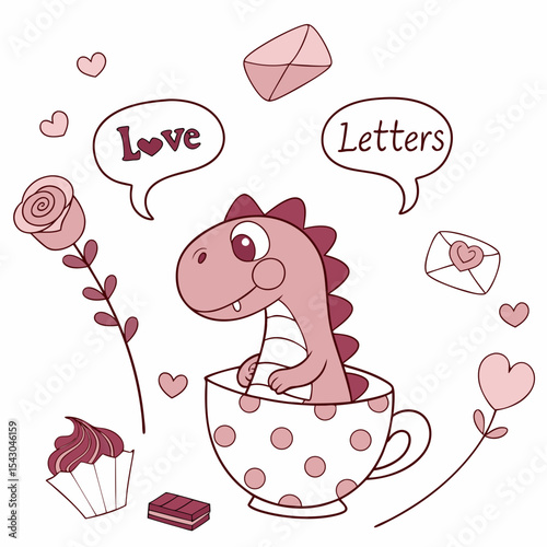 Delightful Content Dinasour in a Valentine scene with sitting in a teacup ride – Valentine Blush vector illustration