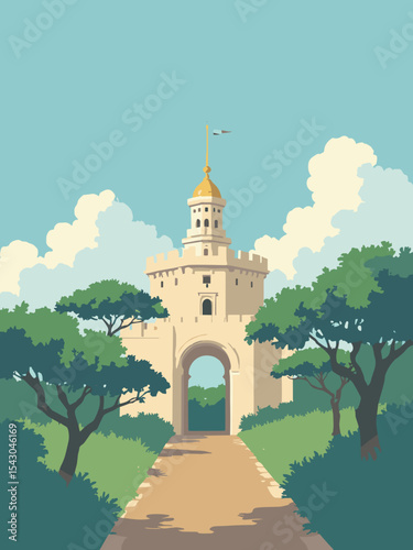 Ghana - Cape Coast Castle, Kakum Canopy Walk, Independence Arch in castle stone, canopy green, arch gold, and sky blue