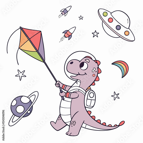 An adorable Dinasour with a Silly vibe, with a rainbow kite, and a Cosmic Pastels Space explorer theme – SVG style