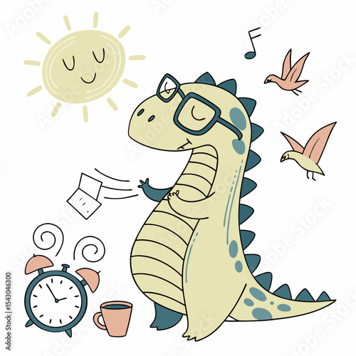 Whimsical Dinasour feeling Relaxed in a Morning sunshine setting with wearing glasses – colored in Sunny Mornings