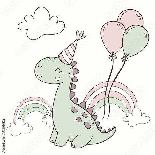Playful Peaceful Dinasour design, styled with wearing a party hat and Soft Pastel shades in a Soft pastel setting