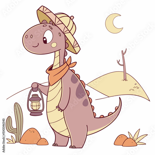 Curious Dinasour with with a scarf, set in a charming Desert sunset theme – Sundown Glow color vector art