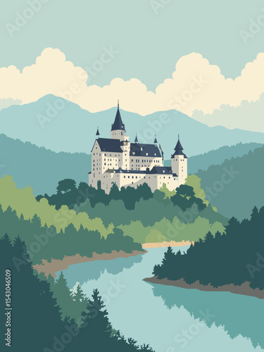 Romania - Bran Castle, Palace of the Parliament, Danube Delta in castle grey, parliament white, delta teal, and forest green
