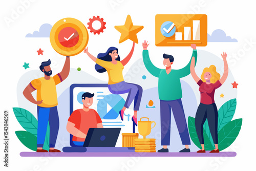 A flat vector illustration of five business people holding large golden stars, symbolizing teamwork, customer satisfaction, five-star ratings, and positive reviews.