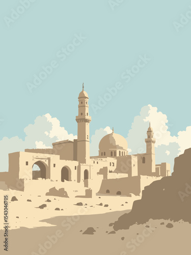 Syria - Umayyad Mosque, Krak des Chevaliers, Palmyra Ruins in stone grey, desert sand, mosque cream, and sky blue