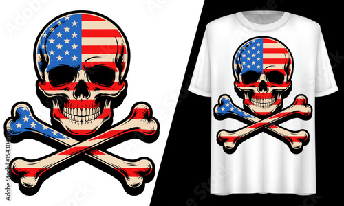 Skull with American Flag and Crossbones 4th of July, T-Shirt Design.
