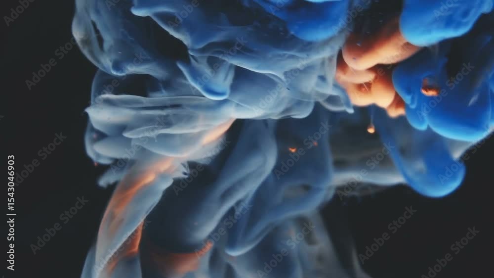 Abstract swirling blue orange ink underwater art design fluid motion vibrant colors dark background texture pattern diffusion dynamic visual elegant photography