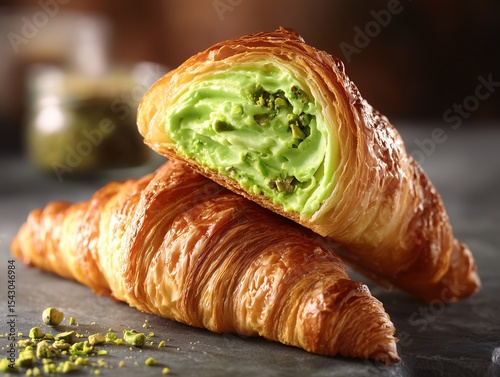 Croissant filled with pistachio cream, Flaky pastry with green filling, Concept for gourmet breakfast food