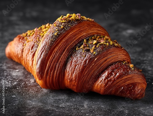 Croissant topped with pistachios, Baked golden pastry with nuts, Bakery item for breakfast or brunch