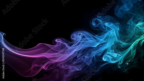 a vibrant and abstract composition dominated by flowing gradients of blue, purple, and hints of teal against a stark black background.