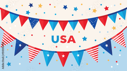 Festive patriotic bunting with usa text and star confetti for fourth of july celebration party decor