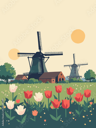 Netherlands - Windmills of Kinderdijk, Rijksmuseum, Keukenhof Gardens in tulip red, windmill grey, museum brick, and garden green