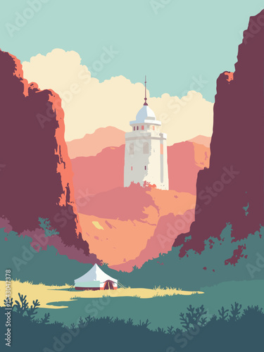 Kazakhstan - Bayterek Tower, Charyn Canyon, Khan Shatyr in canyon red, tower white, tent silver, and steppe green
