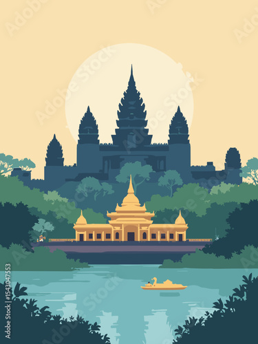 Cambodia - Angkor Wat, Royal Palace Phnom Penh, Tonle Sap Lake in temple stone, palace gold, lake blue, and jungle green