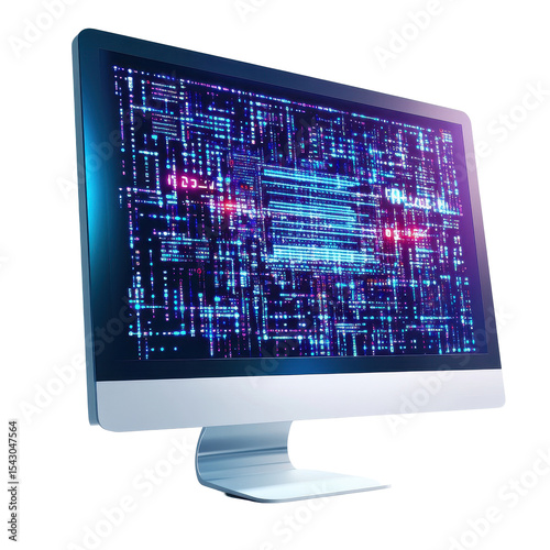 Computer monitor displaying colorful digital matrix with data and coding elements in a modern workspace, computer monitor with a computer word on it