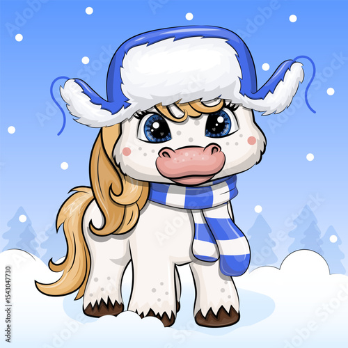 Cute cartoon white pony in scarf and blue hunter hat with ear flaps. Winter Vector illustartion of animal on blue background with snow.