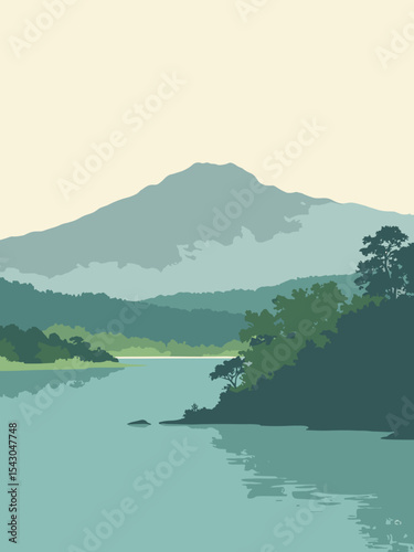 Malawi - Lake Malawi, Mount Mulanje, Liwonde National Park in lake teal, mountain grey, park green, and sky white