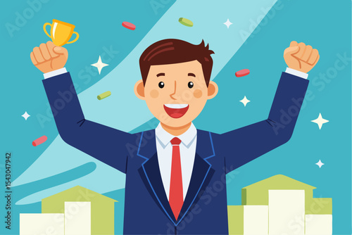A flat vector illustration of five business people holding large golden stars, symbolizing teamwork, customer satisfaction, five-star ratings, and positive reviews.