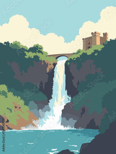 Angola - Fortaleza de São Miguel, Kalandula Falls, Luanda Bay in fort stone, falls white, bay blue, and green
