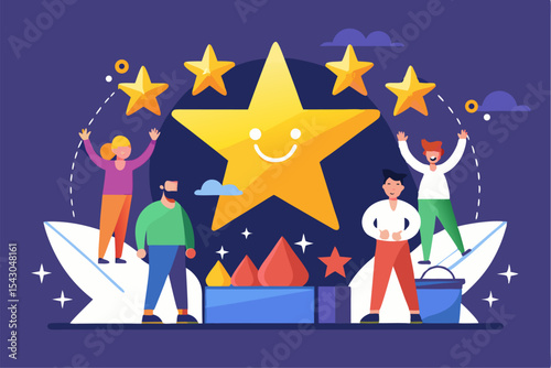 A flat vector illustration of five business people holding large golden stars, symbolizing teamwork, customer satisfaction, five-star ratings, and positive reviews.